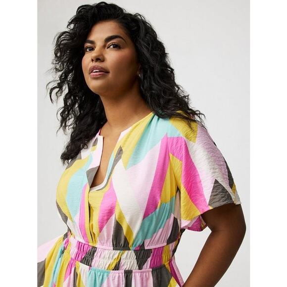 NWT Torrid 0 L 12 Giant Geo Tiered Maxi Dress Plus Pink Yellow Pockets - Picture 4 of 16